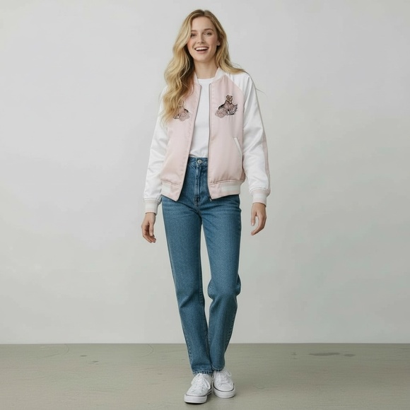 VTG Vans California Satin BomberJacket Tiger Floral Embroidery‎ Pink Womans SZ S - Picture 2 of 16